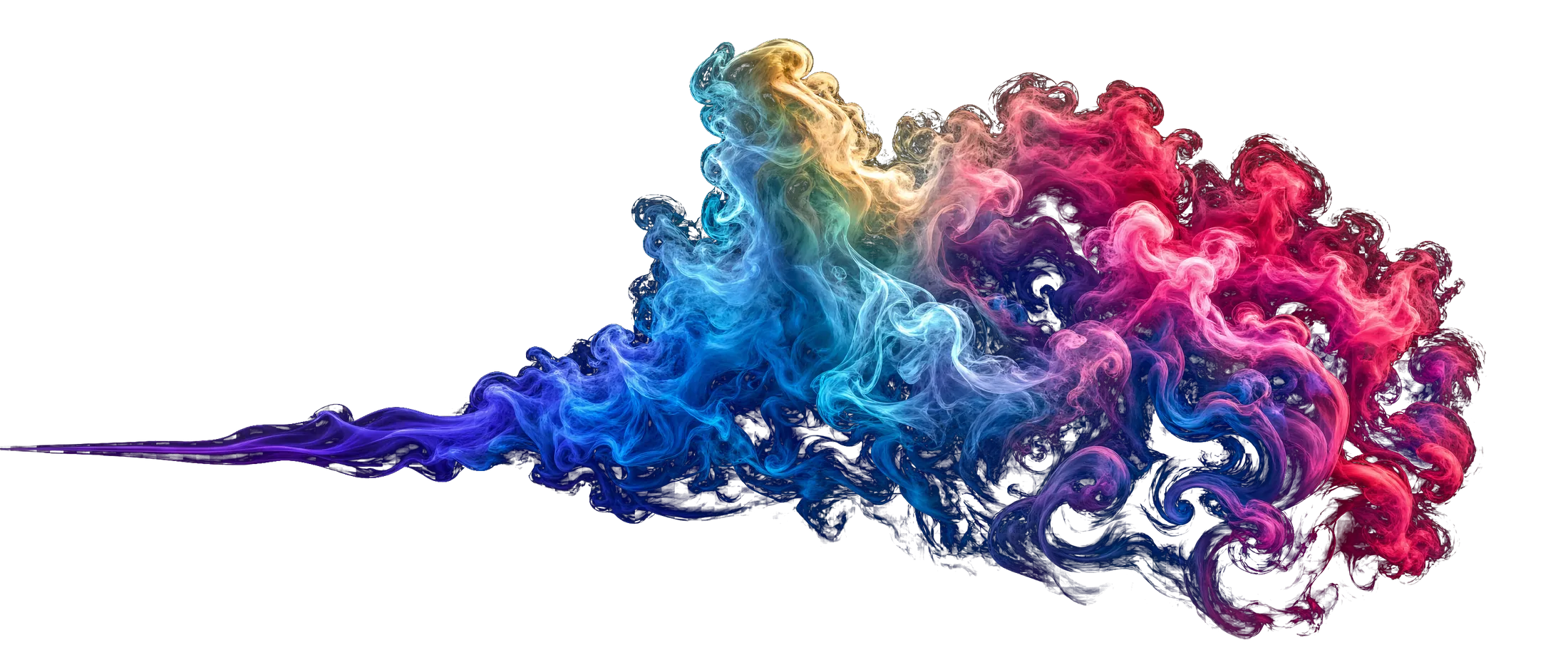 Coloured smoke rising and unwinding into spiralling vortices.