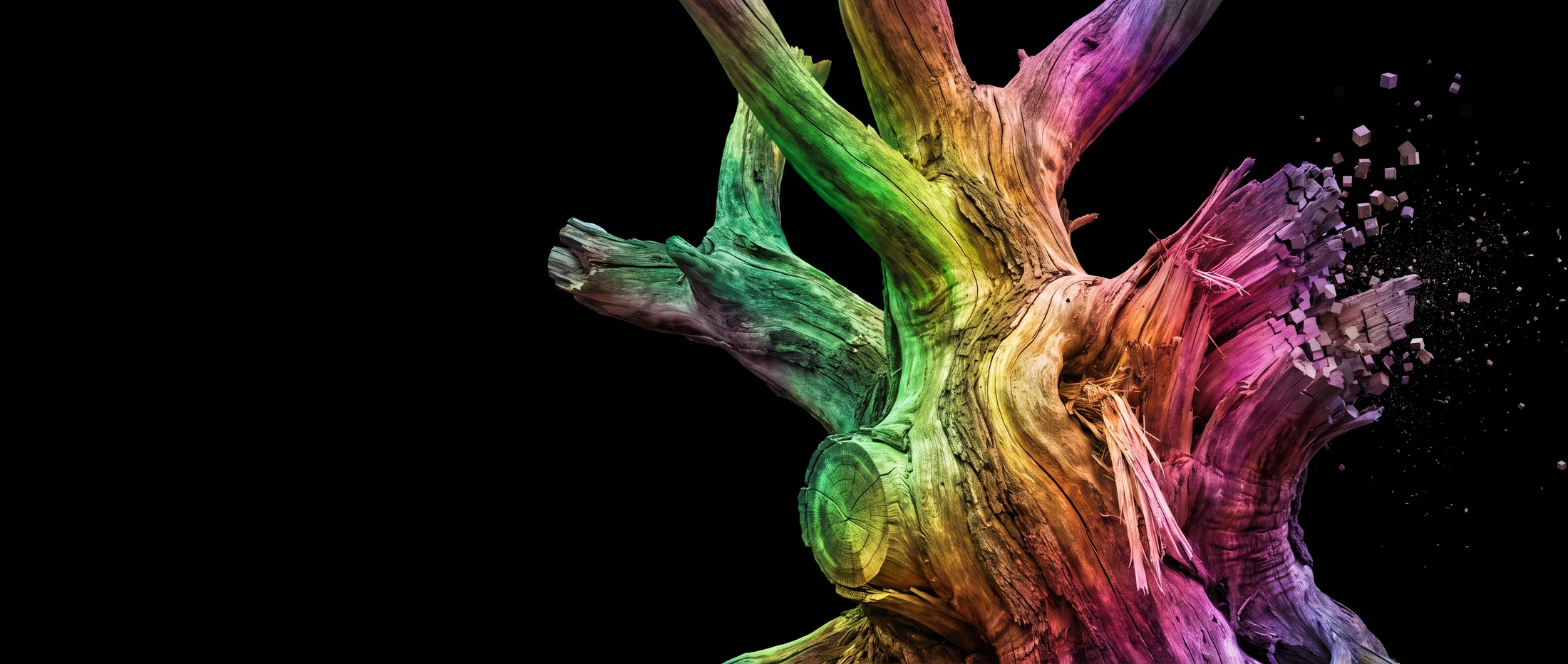 Weathered driftwood timber lit from within in full spectrum, green through gold into magenta, breaking apart into cubes against black.