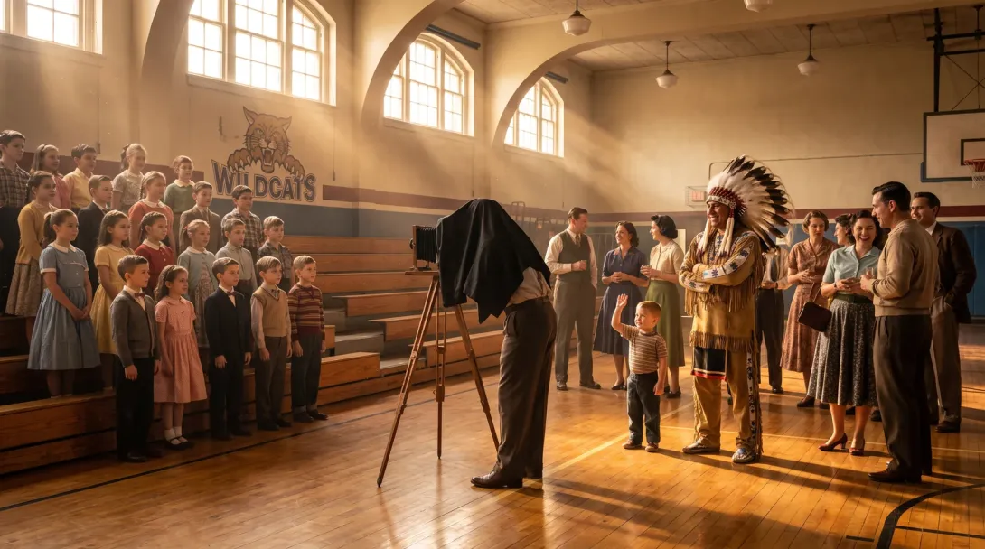 A school gymnasium on photo day, the chief among the watching parents at the back, beaming at one child on the risers.