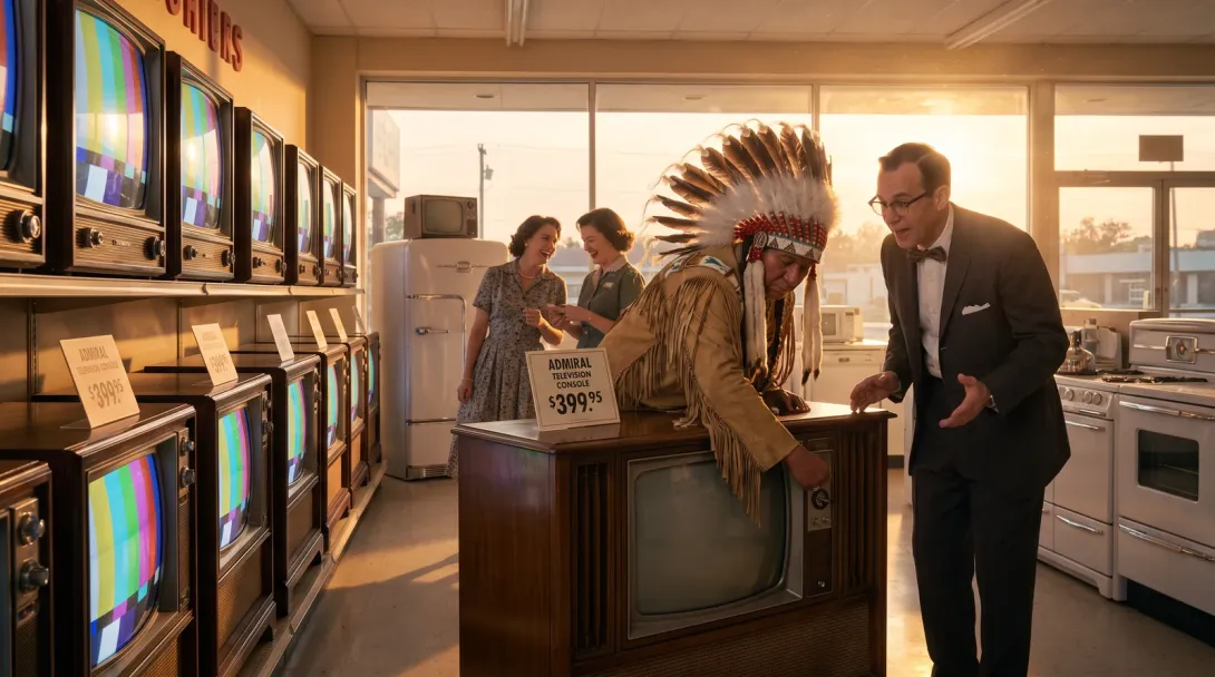 An appliance showroom at golden hour, a wall of new television sets, the chief adjusting the tuning knob while the salesman makes his case.