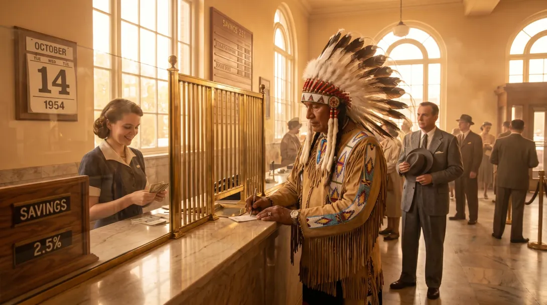 A savings-and-loan at golden hour: a chief in full war bonnet filling in a deposit slip while the teller counts, and the next man waits his turn.