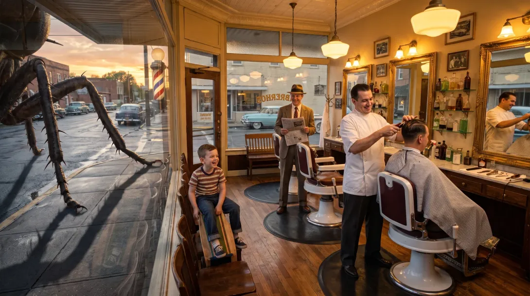 A barbershop at golden hour, the haircut proceeding, one leg of something enormous standing in the street outside the window.