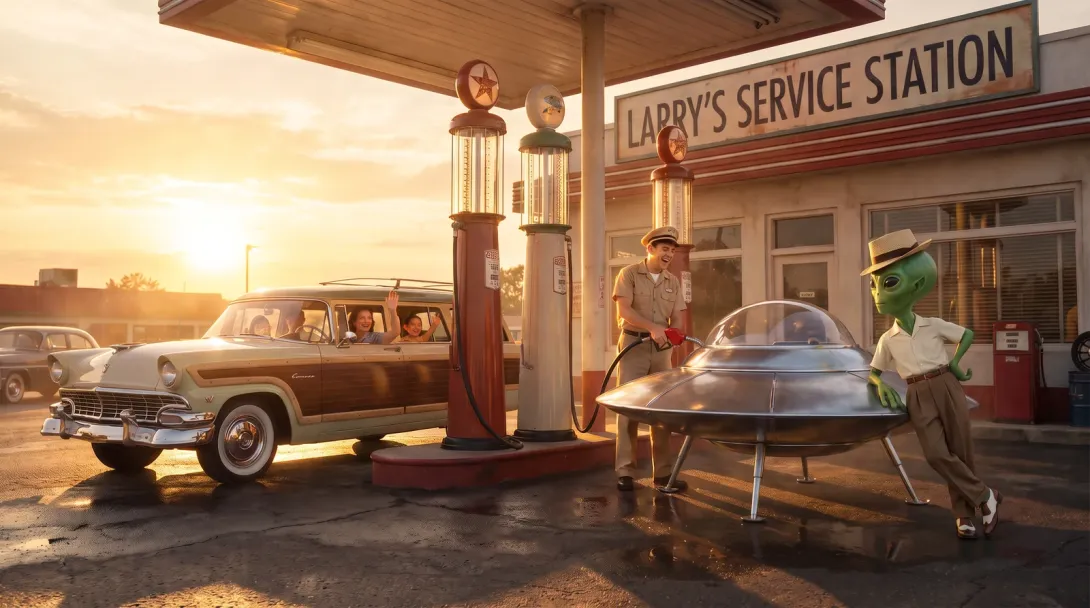 A service station at sunset, the saucer parked on the apron beside the station wagon, and its owner in a pressed shirt and porkpie hat leaning against it while the attendant fills both.