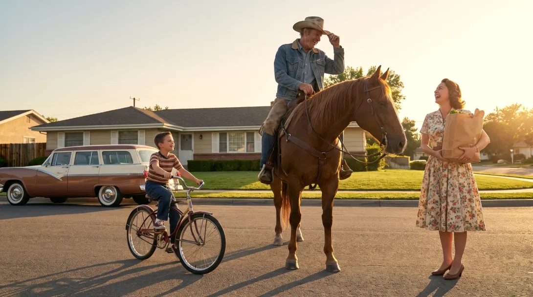 A suburban street at golden hour, a cowboy on horseback tipping his hat to a woman carrying groceries while a boy rides past on his bicycle.