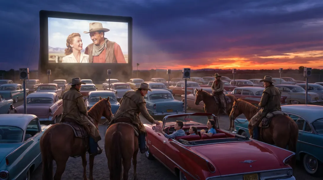 A drive-in at dusk, riders on horseback parked among the finned cars, one leaning down to talk to a family in a convertible.