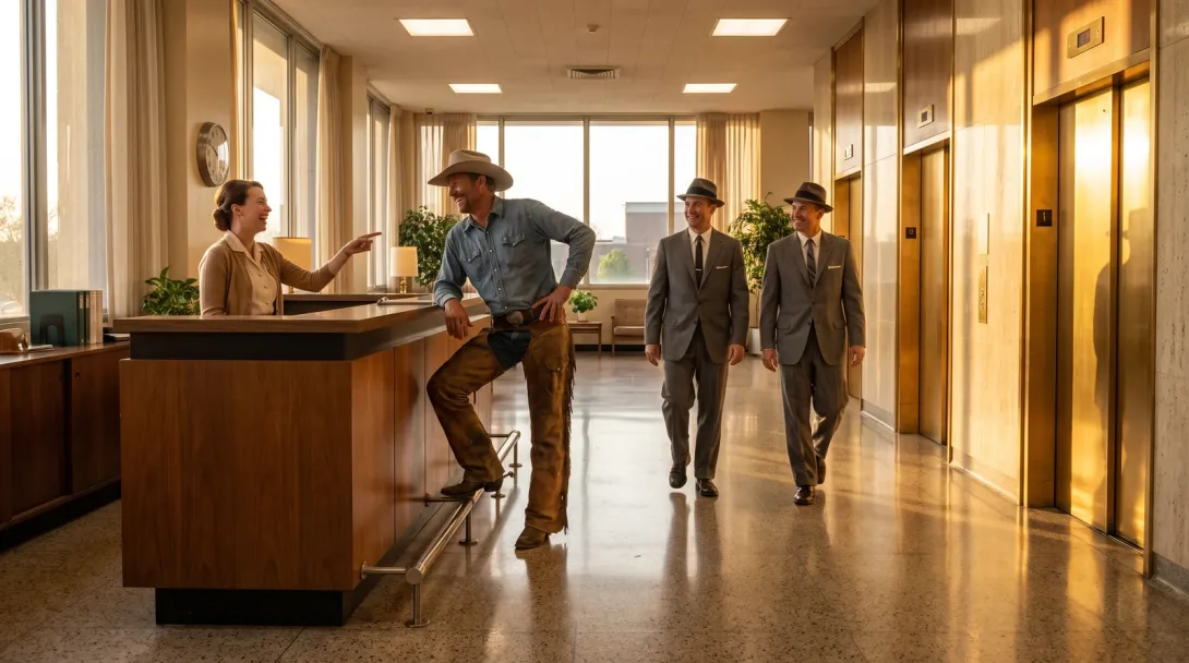 An office lobby at golden hour, a dusty cowboy leaning on the reception desk while the receptionist points him toward the elevators.