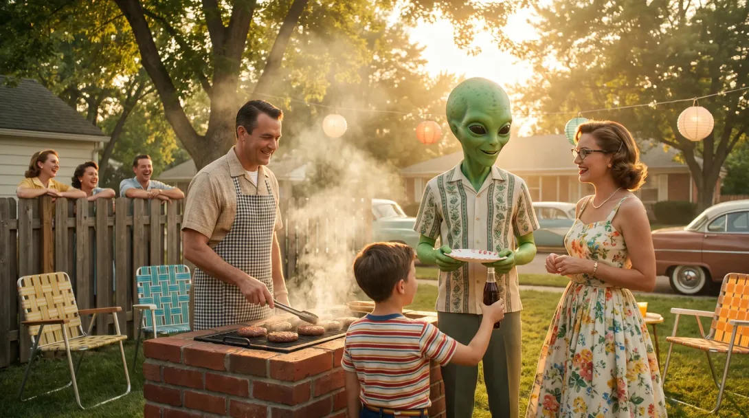 A backyard cookout at golden hour; the newcomer is handed a plate and nobody thinks to mention that he is green.