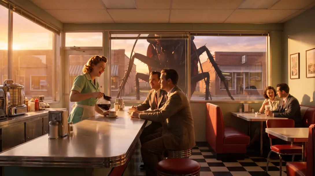 A diner at sunset, coffee being poured, the shape filling the window behind the booths going entirely unremarked.
