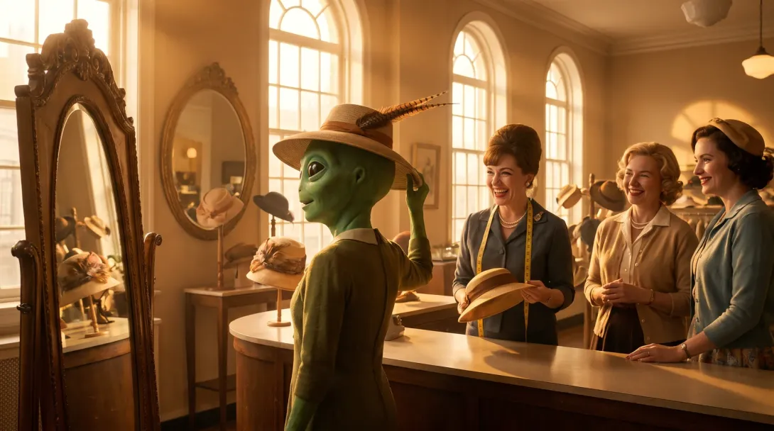 A hat shop in the late afternoon; three women help the visitor find something that sits properly over the antennae.